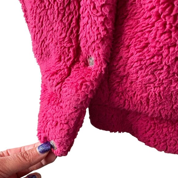 Forever 21 Womens Hot Pink Sherpa Jacket JuniorSize L With Faux Leather Sleeves - Picture 13 of 16